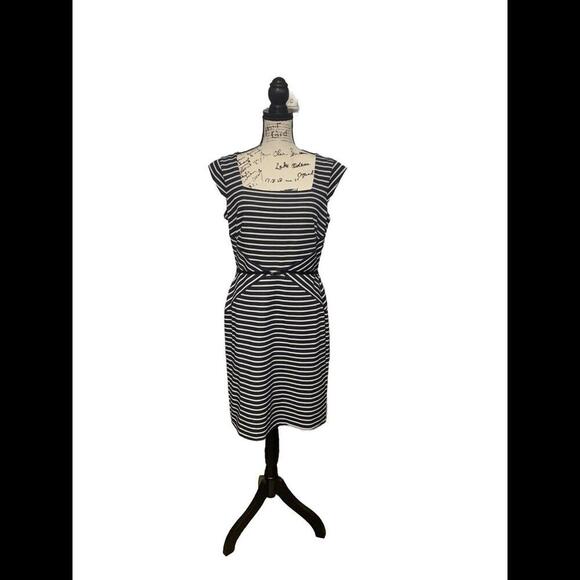Ann Taylor NWT Dress Navy/White Stripe Sheath Square Neck Cap Sleeve Size 10 - Picture 1 of 12
